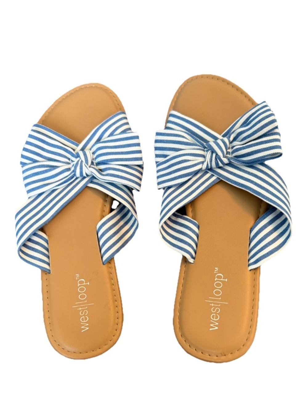 West Loop Blue Striped Knot Slide Summer Beach Flat Sandals 7/8 Lightweight Shoe